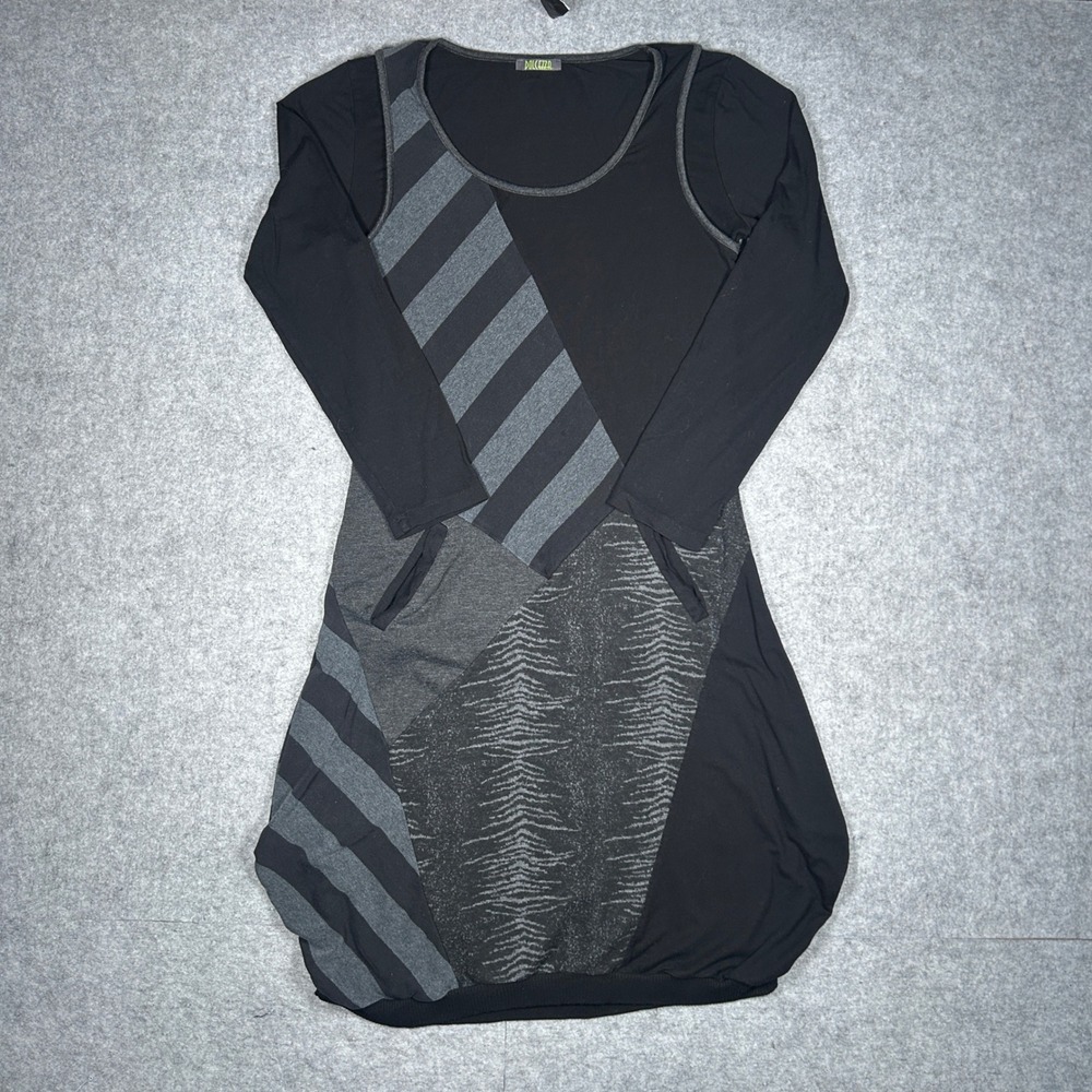 Dolcezza Tunic Dress Womens Black Gray Patchwork Art To Wear Long Sleeve Avant